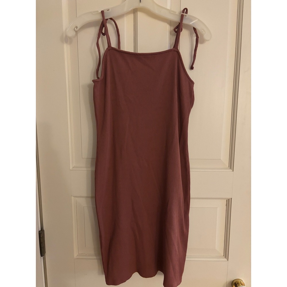Ribbed Spaghetti Strap Mini Dress Rose Pink Tie Shoulder Casual Summer